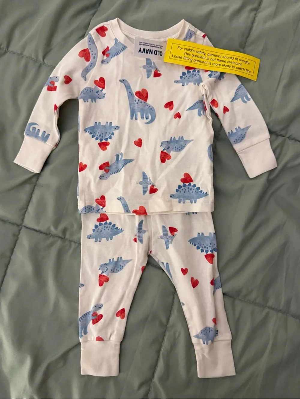 Old Navy White Pajama Set with Blue Dinosaurs & Red Hearts